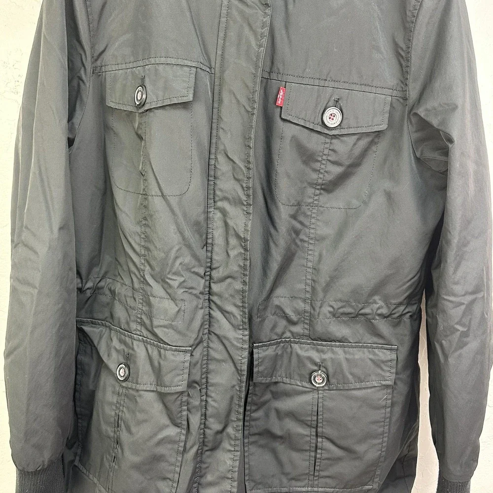 Levis Jacket Mens Large Black‎ Sherpa Lined Parka Faux Fur Hood Quilted Coat